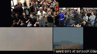Blue Origin employees celebrating a rocket land.